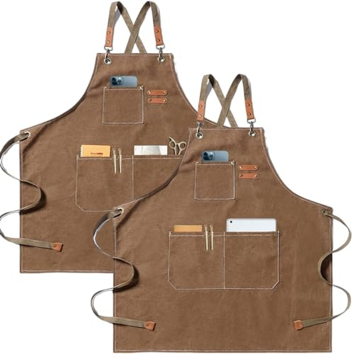 Delantal de Cocina Lienzo (2 Piezas), Delantal de Trabajo con 3 Bolsillos Correa Ajustable Delantale de Barbacoa Impermeable Profesional para Hombre Mujer para Peluquero, Cocina, Jardinero (Marrón)