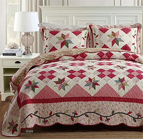 QUSYZD Cubrecama Acolchado de Patchwork tamaño King, 3 Piezas, Estampado Floral Rosa, algodón, Patchwork, Colcha, edredón Ligero, 230 x 250 cm,
