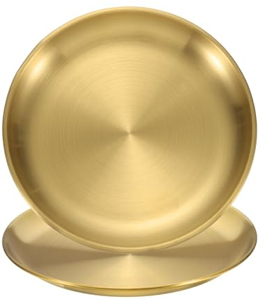 sourcing map Lot de 2 assiettes plates en acier inoxydable de 30 cm, 12 assiettes de service plates en métal pour restaurants, cuisine, dessert, salade, nourriture en plein air, camping, doré