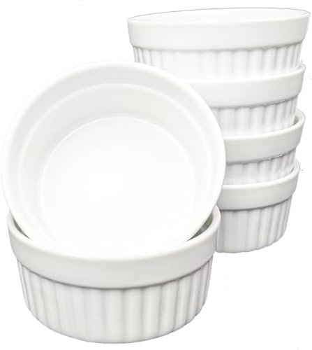 Muvell Lot de 6 bols à crème brûlée | Plat à gratin blanc | Moules à soufflé – Petit bol à dessert de 380 ml | Passe au four et au lave-vaisselle | Bol à snack / à raclette, bols à glace