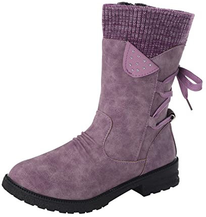 Stivali invernali da donna foderati alla moda stivaletti con tacco basso comfort da donna alla caviglia stivali invernali stivaletti da neve scarpe polpaccio tacco basso, Lilla, 37 EU