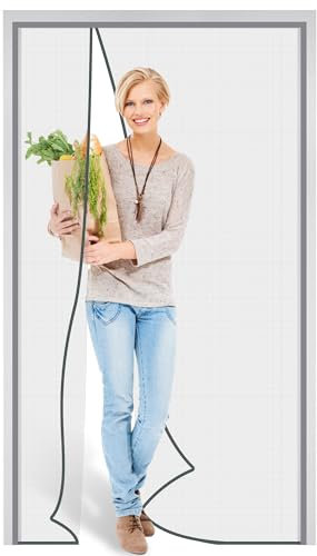 Pottwal Fliegengitter Tür Magnet Seitliche Öffnung, 85x210cm Automatisch Verschließen Insektenschutz Balkontür, Grau Fliegenvorhang Ohne Bohren für Wohnzimmer Kellertür Schiebetür Terrassentür