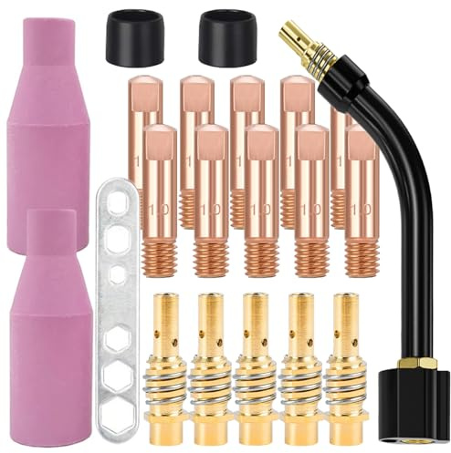 21 Pezzi Accessori per Saldatrice MIG/MAG, Set di Materiali di Consumo Saldatori, 10 Ugello, 5 Punte di Contatto 1,0 mm M6, 2 Isolator, 2 Diffusori, 1 Strumento per Saldatura AK-15/MB-15