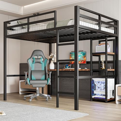 ZYLOYAL10 Hochbett, Eisenrahmen, mehrere Einlegeböden, Schreibtisch mit Steckdose, mit USB Type-c, Geländer, Trittleiter, ohne Matratze (Schwarz, 140 x 200cm)
