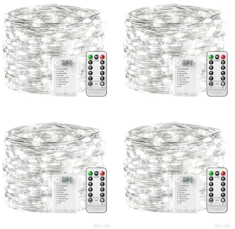plainshe Lichterkette Batterie - 4 Stück Weiß, 10m 100 LED Silberdraht Micro Lichterkette Außen Wasserdicht 8 Modi Fernbedienung Timer für Weihnachtsbaum Außen Innen Garten Hochzeit Balkon