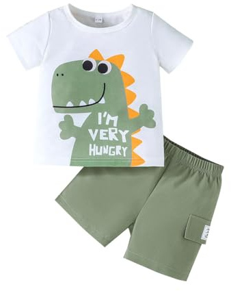HEOXIN Set Abbigliamento Neonati Maschi, Maglietta a Maniche Corte con Stampa Dinosauro + Pantaloncini con Elastico in Vita, Completi Estivi Autunno Bambino, Verde 18-24 Mesi