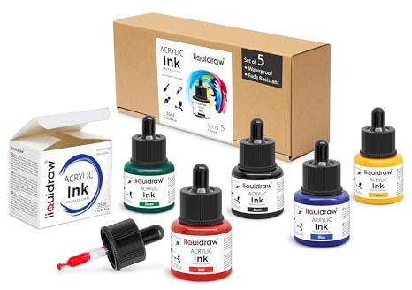 Liquidraw Acrylic Drawing Ink - 5 Assorted Colours | 35 ml Bottles with Ink Dropper | Suitable for Painting, Art Drawing & Design | Great for Professionals, Artists, Students & Hobbyists | Arty Gift