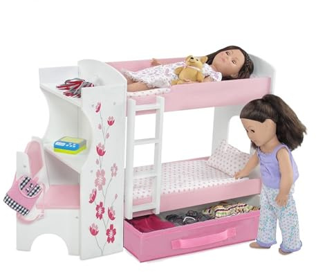 Emily Rose 18 Inch Doll Bunk Bed Set with Desk and Storage - Wooden Dollhouse Furniture with Bedding & Ladder - Compatible with American Girl, Our Generation, My Life As & Adora