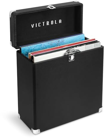 Victrola Collector – Schallplatten-Aufbewahrungskoffer – für 30+ Schallplatten aus Vinyl, Robustes Material, Scharniere und clevere Metallecken, tragbar mit einfachem Tragegriff (schwarz)