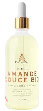 ESSENTIOIL Huile d'Amande Douce 100% Naturelle - Pressée à Froid - Bébé, Visage, Corps, Massage - Peaux Sensibles & Sèches - Sans Additifs - Marque Française - 100ml