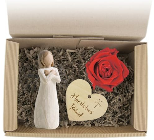 schenken-24 Geschenkset - Trauer - Beileid - Long Life Rose - Holzherz mit hochwertiger Gravur - inkl. Geschenkverpackung