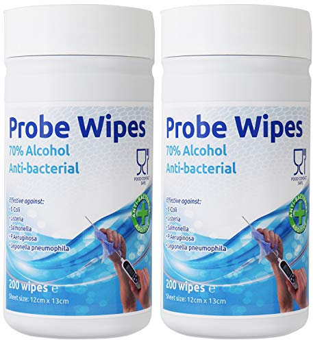 Antibacterial Wipes - 2 x Tubs of 200 Alcohol Wipes for Cleaning Surfaces and Kitchen Food Probes – Disinfectant Sterile Probe Wipes Food Safe