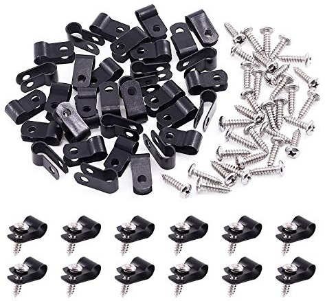 Swpeet 120 Stück schwarze 1/4 Zoll Nylon Kunststoff R-Type Kabelklemmen Klemm-Kit Nylon Schraubmontage Schnurbefestigungsclips mit 120 Stück Schrauben für Drahtmanagement (1/4 Zoll, schwarz)