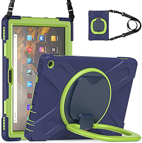 Schutzhülle für Fire HD 10 2021 & Fire HD 10 Plus, stoßfest, 360 Grad drehbarer Griff, Standhalterung, robuste Abdeckung, [Ständer] [Schultergurt], marineblau + grün