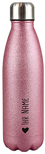 Glitzer-Trinkflasche aus Edelstahl selbst gestalten mit Name & Herz Symbol - Thermosflasche Glitzer, Wasserflasche BPA-frei für Reise, Schule und Sport I Personalisiertes Geschenk - Pink 500 ml