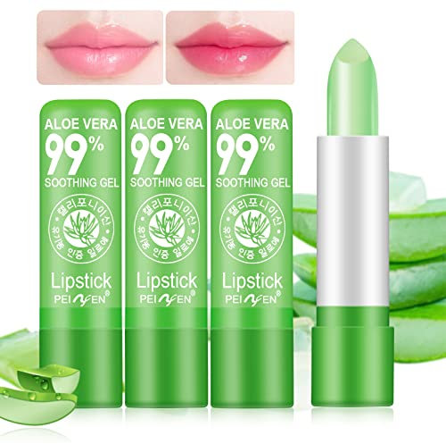 3 Piezas Lápiz Labial Aloe Vera, Bálsamo con Cambio Color Temperatura Mágica, Maquillaje Nutritivo Larga Duración, Juego Brillo Labios, Regalo de Cumpleaños