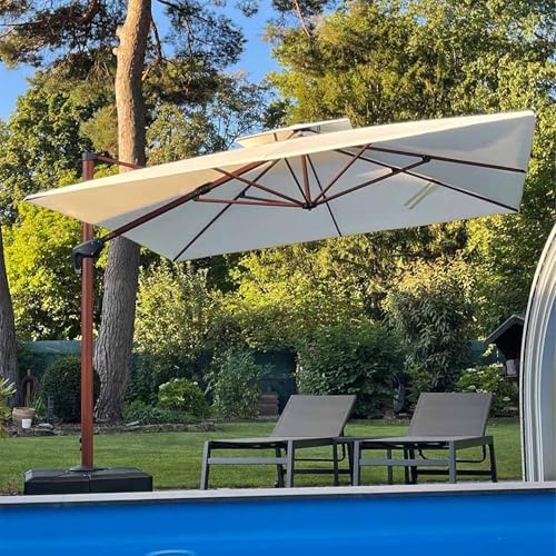 PURPLE LEAF Parasol De Jardin Extérieur, Parasol Déporté Inclinable 3,3 x 3,3 m, Grain de Bois en Aluminium, Toit à Double Rotatif 360°, Protection UV Automne, Convient aux Villas Haut de Gamme, Créma
