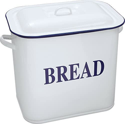 AuraHome Vintage Gourmet ® Large Enamel Traditional Classic Blue & White Oblong Bread Bin Size 34cm Wide Heavy Gauge Vitreous Enamel on Steel,Keeps Bread Fresher for Longer, Hygienic Easy to Clean