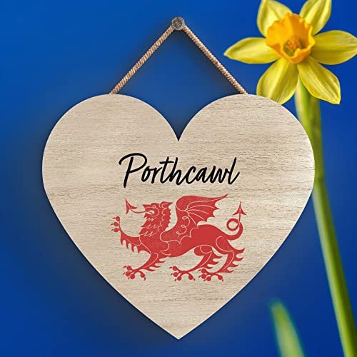 Global Designs Porthcawl Welsh Dragon Location Wooden Heart Hanging Plaque