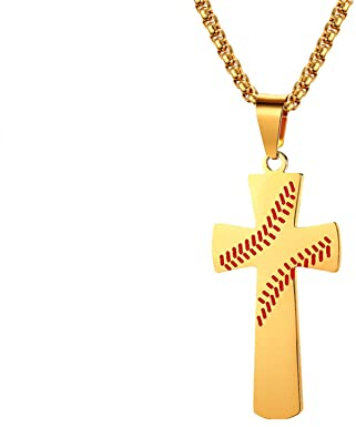 KnSam Edelstahlketten für Herren, Baseball Muster Kreuz Anhänger Erbskette, Männer Gold Ketten, 60 CM