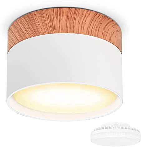 KYOTECH Spot en Saillie led Ø84x60mm Blanc Plafonnier Luminaire Apparent Incluse 6W Remplaçable GX53 Ampoule 3000K Blanc Chaud 550LM Grain de bois Plafonnier Spot LED Downlight
