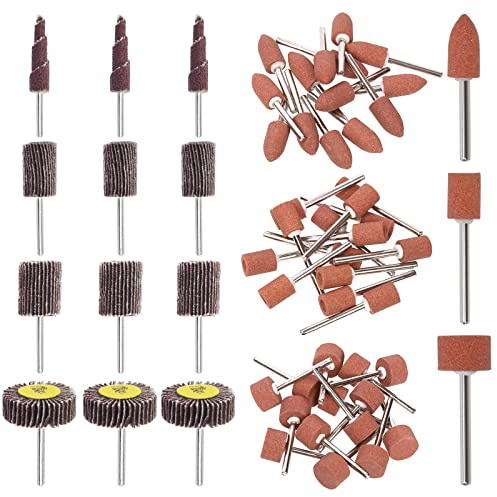 Swpeet 54Pcs 1/8 Schaft Schleifstein Set, 2-geformte 2-Größen Schleifbohrer für Drehwerkzeugklappenscheibe, 4-Größen 80-Grit Kegelform Schleifpapier Klappenscheibe