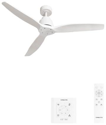 CREATE/ WINDSTYLANCE NATURAL WOOD/Deckenventilator Weiß mit Wandschalter und Fernbedienung / 40W, Leise, Ø132 cm, 6 Gechwindigkeiten, Sommer-Winterbetrieb, doppelte Höhe
