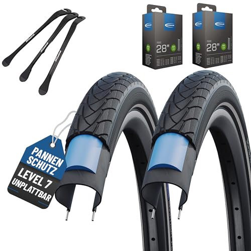 2er Set Schwalbe Reifen Marathon Plus 28 Zoll (47-622) Reflex auswählbar mit Schläuchen + 3 MSZweirad Metall Reifenheber E Bike (AV Schläuche, 28x1,40 (37-622))