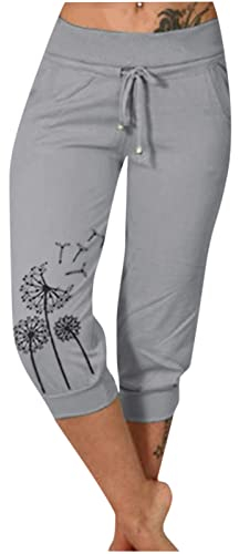Damenhose mit Kordelzug, 3/4-lange Hose, Sommer, Freizeithose mit Tasche, Blumendruck, kurze Hose, elastisch, hohe Taille, Sporthose, Übergröße, Cinch-Hose, 01 Grau, 5X-Large