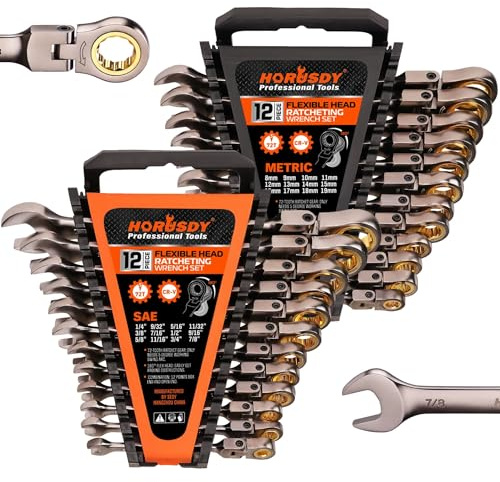 HORUSDY Flex-Head Ratcheting Combination Wrench Set,24-Piece Flex-Head Ratcheting Wrench Set(Metric and SAE)