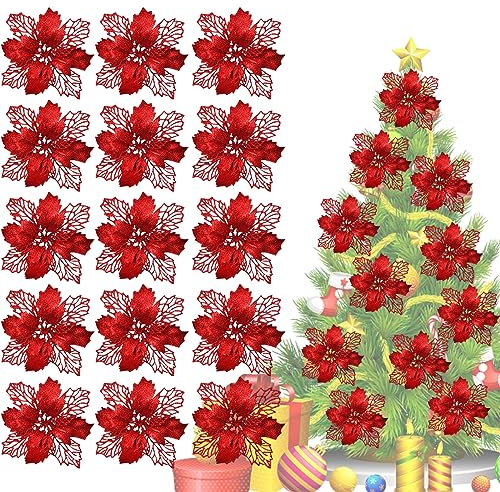 Fiore Stella di Natale per Albero, 15 Pezzi di Fiori Artificiali per Decorazioni per Alberi di Natale, Fiori di Natale Glitter Poinsettia, Per Decorazioni Natalizie Matrimoniali e Feste, Rosso
