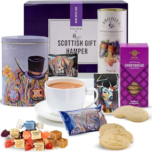 Hattie’s Gifts Scottish Afternoon Tea Hamper, A Taste of Scotland Gift | Brodies Tea, Shortbread and McHappily Ever After Steven Brown Art Tin Luxury Assorted Fudge