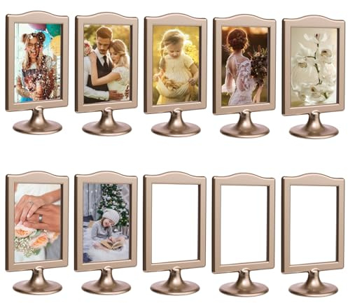 Meonua Double Sided Standing Picture Frames 4 x 6 Inch Pedestal Photo Frame Plastic Self Standing Frame Holds 2 Pictures Tabletop Frame for Wedding Table Bridal (10 Pack,Champagne Gold)