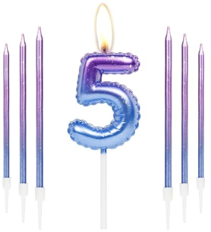 Lila Blau 5 Geburtstag Kerze, Kerzen für Kuchen, Bunte Dünne Partykerzen, Happy Birthday Zahlen, Tortenaufsätze für Mädchen und Jungen