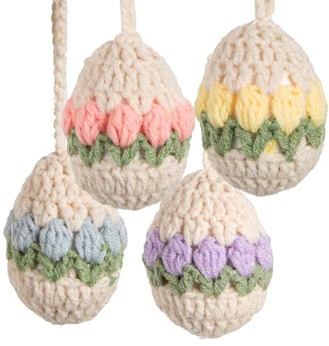 Retro-Ostereier zum Aufhängen, 4 Stück: Kleine Osteranhänger in Häkel-Optik, Anhänger Ostern & Frühling, Osterdeko Osterstrauch & Fenster, Osterschmuck Eier, Ei-Deko, Frühlingsdeko Bunt, 7 x 5,5 cm