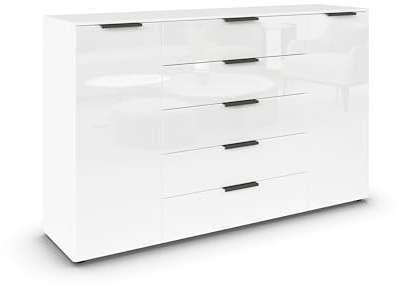 Rauch Möbel Flipp, Kommode, Farbe Glas Weiß, Breite 160 cm | Sideboard, 2-türig, 5 Schubladen, Glasfront, Soft-Close-Funktion, für Schlafzimmer, Gästezimmer, Wohnzimmer, Garderobe, Flur