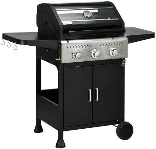 Outsunny 3 Burner Gas BBQ Trolley with See-through Lid, 9 kW Propane Gas Barbecue Grill with Wheels, Warming Rack, Shelves, Thermometer, Bottle Opener, Black