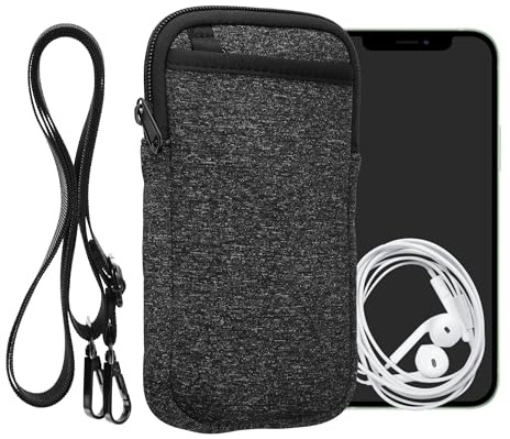 kwmobile Handy Tasche zum Umhängen für XL - 6,7/6,8 - Hülle mit Band - Neopren Cover mit Reißverschluss - 17,2 x 8,4 cm - Necklace Case in Anthrazit Weiß