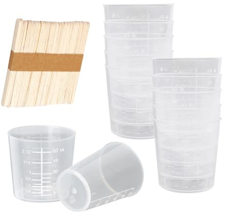 30 Stück 60 ml Kunststoff-Messbecher mit Skala, klein, transparent, Mischbecher für Epoxidharz, Malerei, Mischbecher mit 50 Stück Holz-Rührstäbchen
