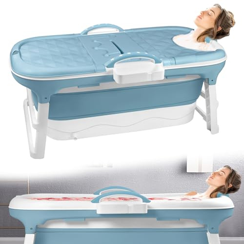 Suusolny Badewanne Erwachsene Faltbare Bathtub 118 x 62 x 53 cm für kleines Badezimmer mit Abnehmbare Abdeckung & Seifenkorb & Massagerollen aus robuster Kunststoff Blau