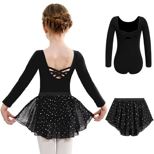 Arshiner Vestido de Ballet de Dos Piezas de Manga Larga para niña, Vestido de Ballet para niña, Leotardo de Danza sin Espalda de algodón con Falda tutú, Negro, 140, 5-6 años