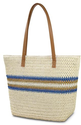 Aucuu Straw Shoulder Bag, Straw Bag for Women, Beach Bag, Large Zippered Handbag Tote Bag, Bohemian Summer Handheld Shoulder Bag for Outdoor Travel and Beach
