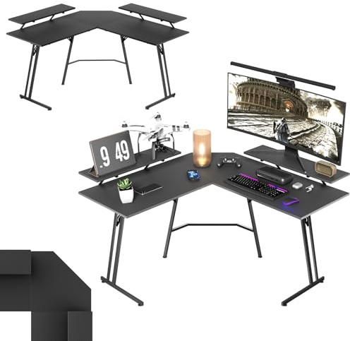 UISEBRT Gaming Schreibtisch 120 x 120cm L-förmiger Gaming Tisch mit Monitorständer, Kohlefaseroberfläche Ergonomischer Groß Computertisch Eckschreibtisch für Heimbüro Homeoffice - Schwarz