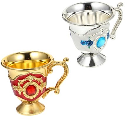 OKUMEYR 2pcs Vintage Household Wine Cup and Multi-Function Retro Tea Mug Metal Craft Handle Set European Style for Home Dining Silver Blue Red