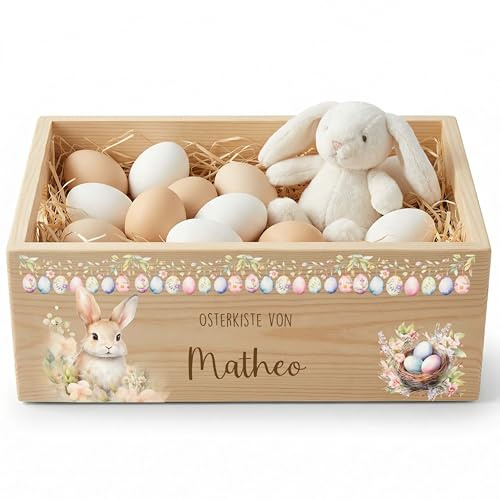 Kidsmood - Personalisierte Holzkiste mit Namen – Aufbewahrungskorb zu Ostern für Kinder, nachhaltig & kindersicher für Osterdeko & Ostergeschenke mit liebem Wiesenhase (40x30x13)
