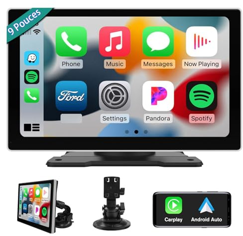 Hexinex Carplay 9 Pouces IPS Écran,Carplay sans Fil Android Auto,Airplay,AutoLink,Écran de Voiture Portable Tactile Full HD Bluetooth-Argent