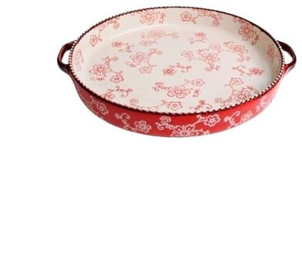 teglia da forno in ceramica Teglia rotonda for pizza in ceramica con doppio orecchio, teglia da forno con speciale vassoio for riso al forno for formaggio domestico teglia da forno(Red)