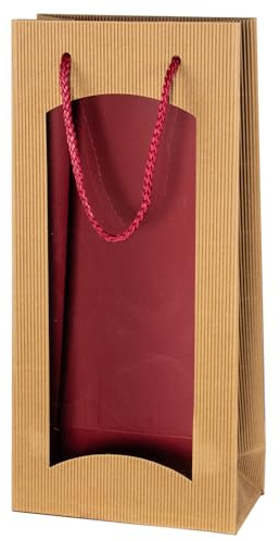 5x Wein Geschenktüte - für 2 Flaschen, Natur & Rot mit Fenster, hochwertiger Wellkarton, stabile Tragekordel (Natur/Rot)