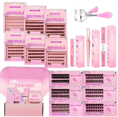 Lash Clusters Kit Lashes Clusters 12 Boxes Cluster Lashes Soft Eyelash Extensions Wispy Eyelash Cluster with Lash Bond and Seal,Remover,Tweezers,Eyelash Curler(16 Counts Lash Kit)