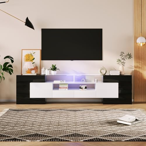 Fppuueg Mueble TV de 200 cm, Mueble TV Salon de 80 Pulgadas con Iluminación LED y 4 Puertas, Muebles de Salon con 2 Cajones y 3 Compartimentos, Mesa TV, 200x35x60 cm, Negro y Blanco